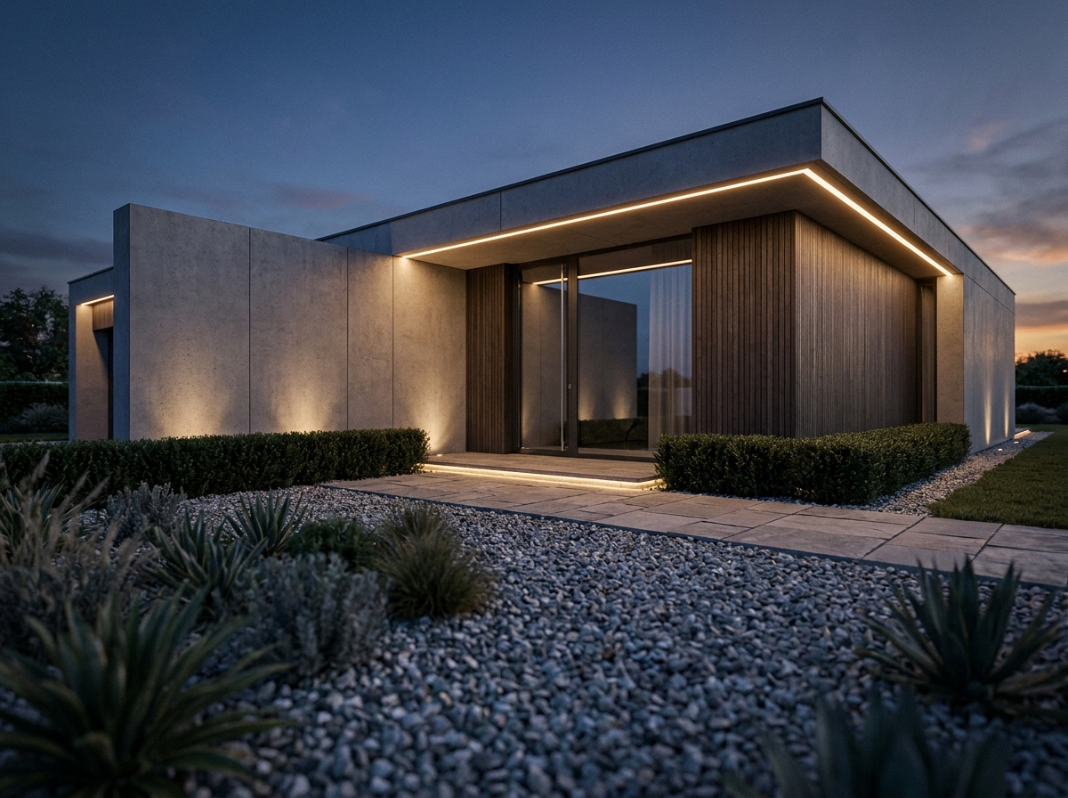 Villa contemporaine avec éclairage extérieur intégré soulignant l'architecture minimaliste au crépuscule
