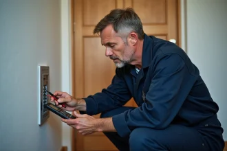 Électricien homme vérifiant un tableau électrique moderne