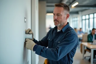 Électricien professionnel installant une prise électrique dans une goulotte PVC blanche fixée sur un mur de bureau moderne