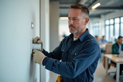 Électricien professionnel installant une prise électrique dans une goulotte PVC blanche fixée sur un mur de bureau moderne