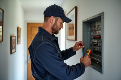 Électricien vérifiant un panneau électrique dans une maison moderne