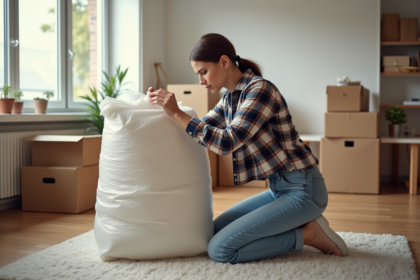 Femme emballant une lampe de salon avec du bubble wrap