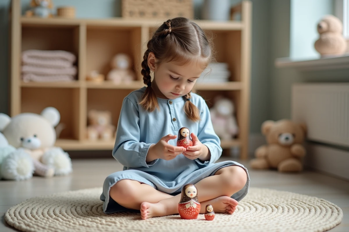 Petite fille tenant une poupée matriochka russe avec curiosité dans une salle de jeux lumineuse, explorant le mécanisme d'emboîtement