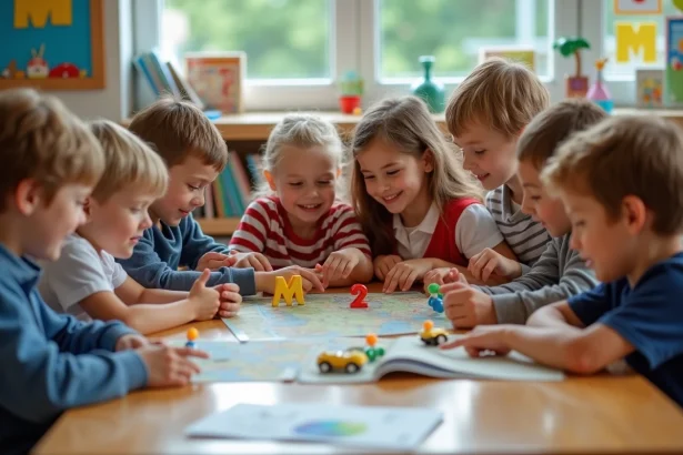 Groupe d'enfants découvrant des objets avec la lettre M