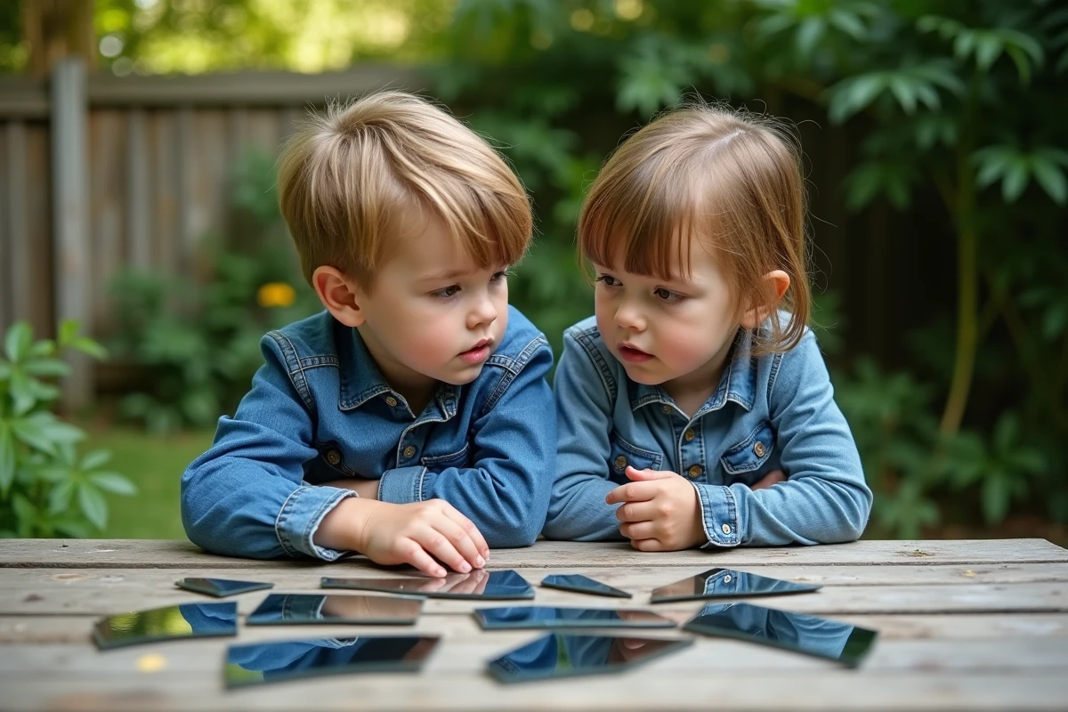 Deux enfants regardent des fragments de miroir cassé sur une table de jardin
