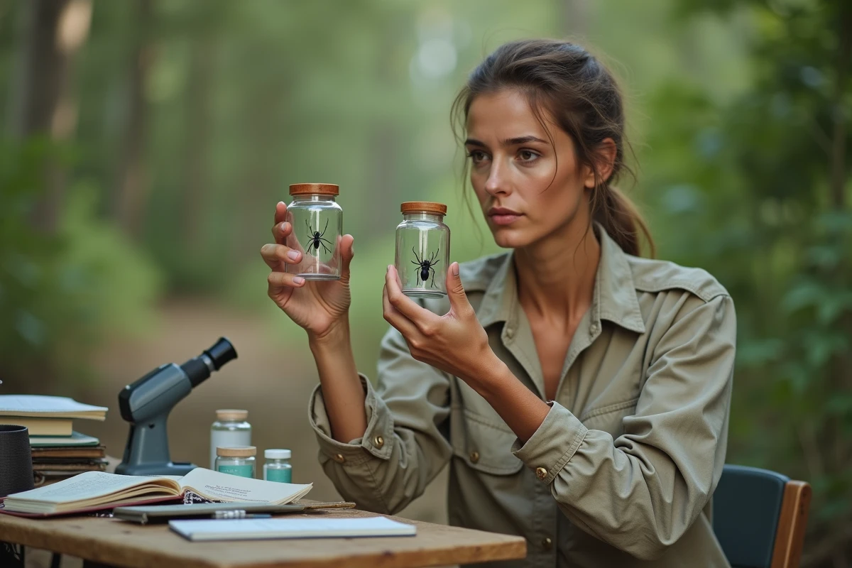 Entomologiste femme examinant deux bocaux contenant des insectes noirs différents pour les identifier et distinguer espèces inoffensives et dangereuses