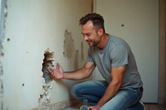 Bricoleur examinant une cheville mal choisie arrachée d'un mur en plâtre fissuré dans un appartement