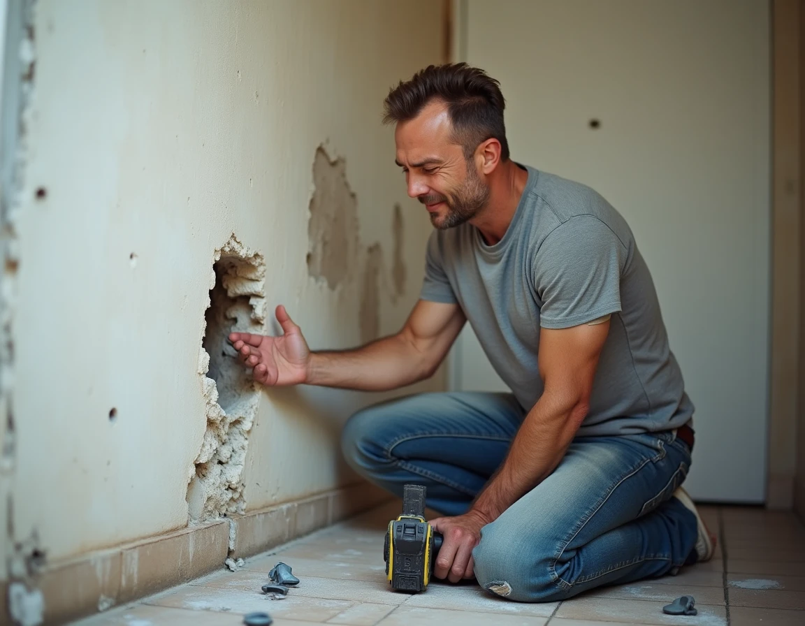 Bricoleur examinant une cheville mal choisie arrachée d'un mur en plâtre fissuré dans un appartement