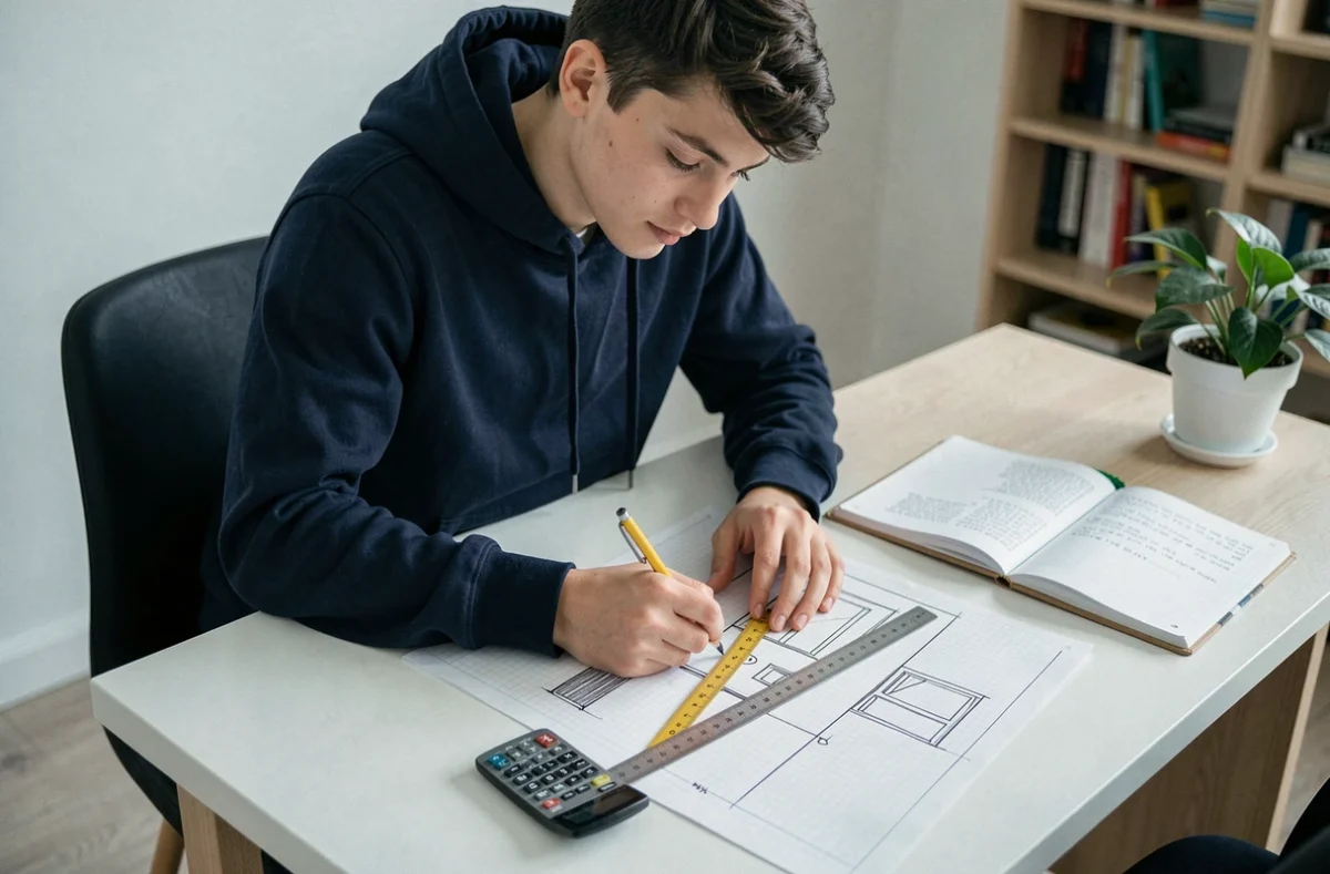 Étudiant débutant calculant les mètres carrés sur du papier millimétré avec règle et calculatrice