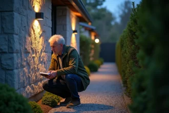 Homme examinant un luminaire LED extérieur sur la façade d'une maison résidentielle au crépuscule