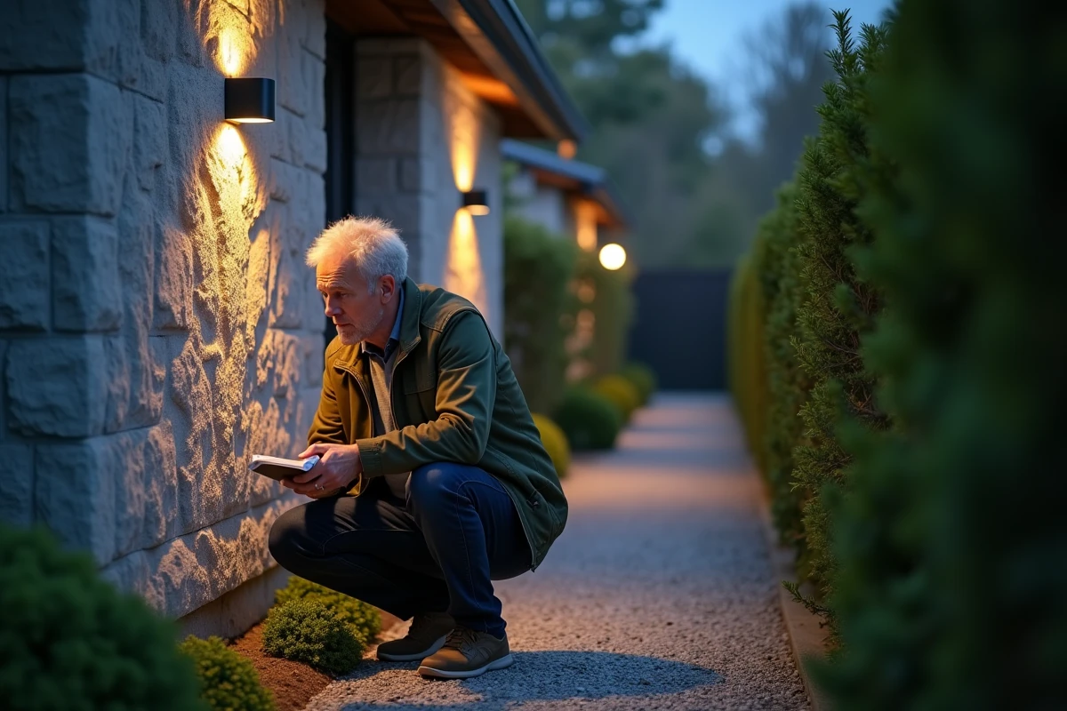 Homme examinant un luminaire LED extérieur sur la façade d'une maison résidentielle au crépuscule