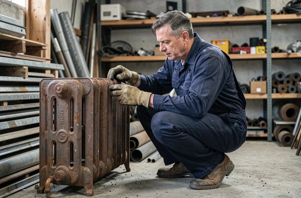 Plombier examinant un radiateur en fonte d'occasion dans un atelier de récupération, vêtu d'une combinaison de travail bleue