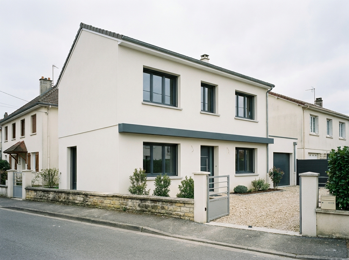 Façade de maison rénovée avec fenêtres aluminium anthracite et enduit minéral blanc cassé neuf