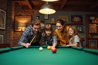 Famille réunie autour d'un billard américain dans une salle de jeux chaleureuse à la maison