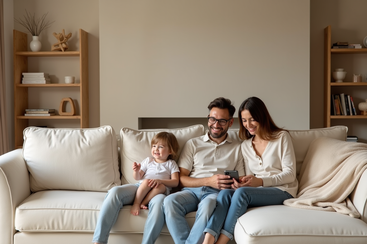 Famille relaxant dans un salon moderne et chaleureux