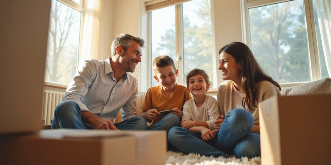 Famille heureuse dans leur nouveau salon lumineux
