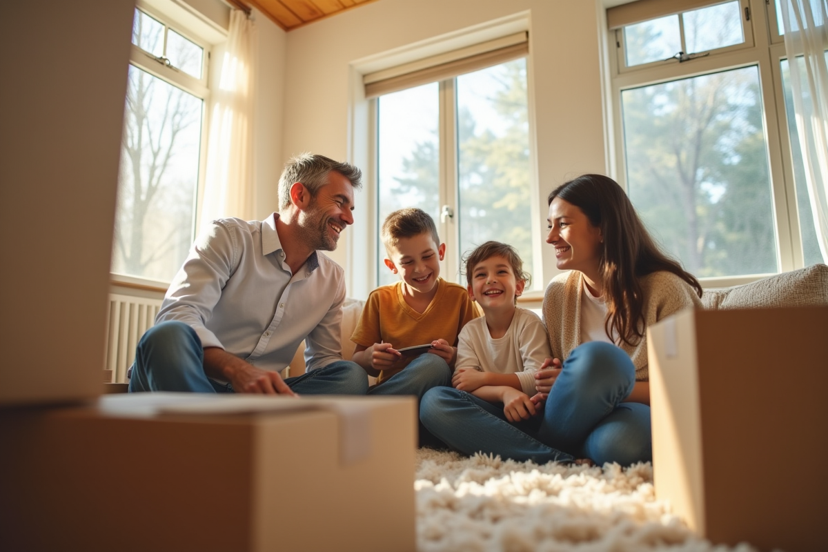 Famille heureuse dans leur nouveau salon lumineux