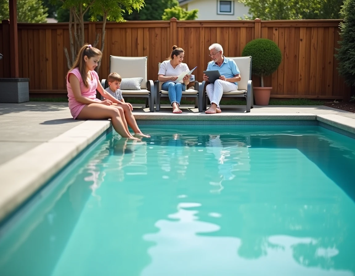 Famille profitant de leur piscine familiale construite avec un budget maîtrisé dans le jardin