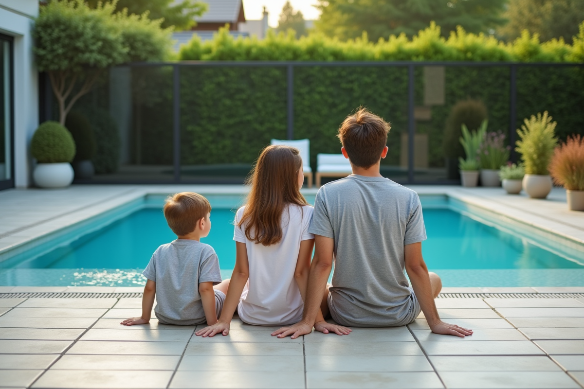 Famille avec enfants sur le bord de la piscine sécurisée