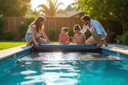 Famille installant une couverture solaire sur leur piscine dans le jardin