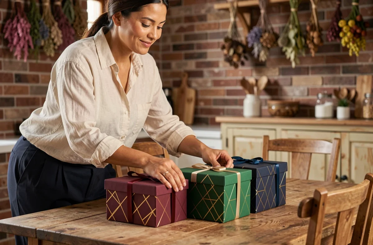 Femme arrangeant des boîtes cadeaux réutilisables aux tons bijou sur une table en bois rustique dans une cuisine au mur en briques apparentes