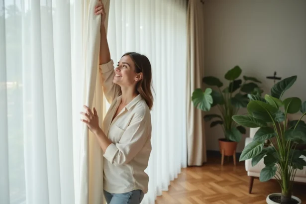 Jeune femme arrangeant des rideaux dans un salon moderne