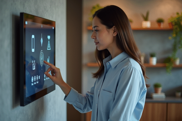 Femme interagissant avec panneau de contrôle domotique moderne