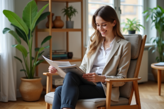 Jeune femme en tenue décontractée dans un salon moderne