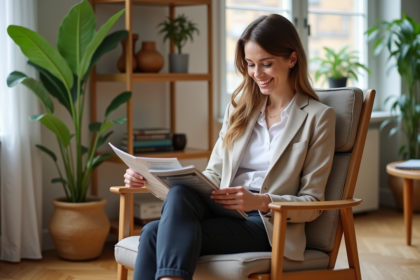 Jeune femme en tenue décontractée dans un salon moderne