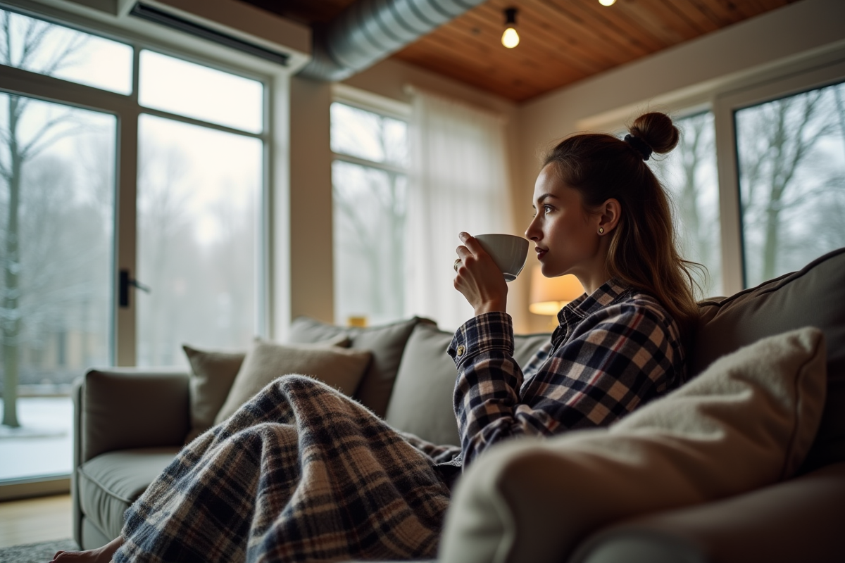 Jeune femme sirotant du thé dans un intérieur cosy avec vue sur le jardin