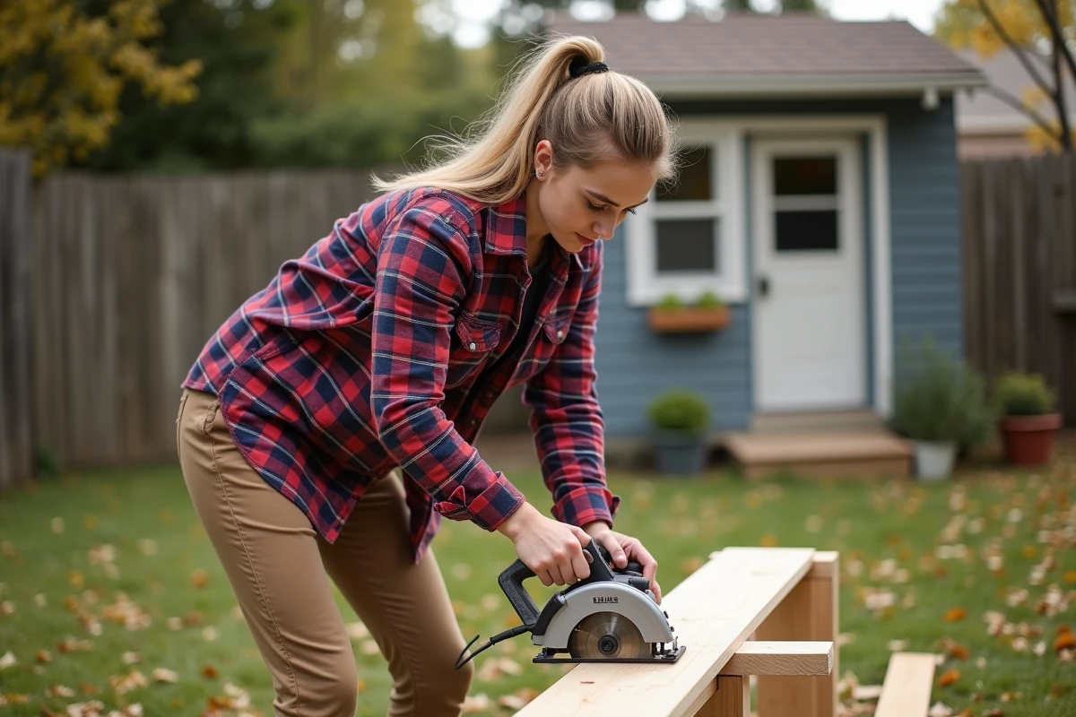 Femme coupant du bois avec une scie dans le jardin