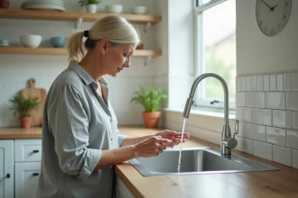 Femme dans sa cuisine observant sa consommation d'eau au robinet avec une expression préoccupée