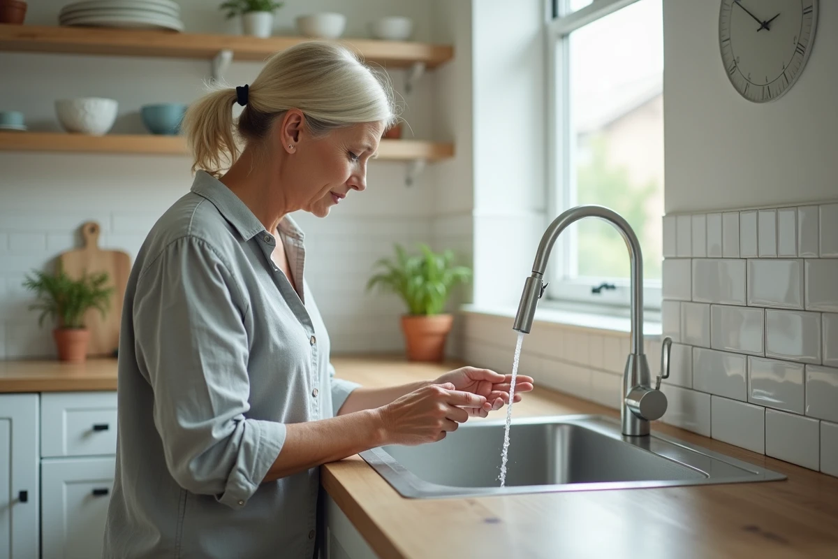 Femme dans sa cuisine observant sa consommation d'eau au robinet avec une expression préoccupée