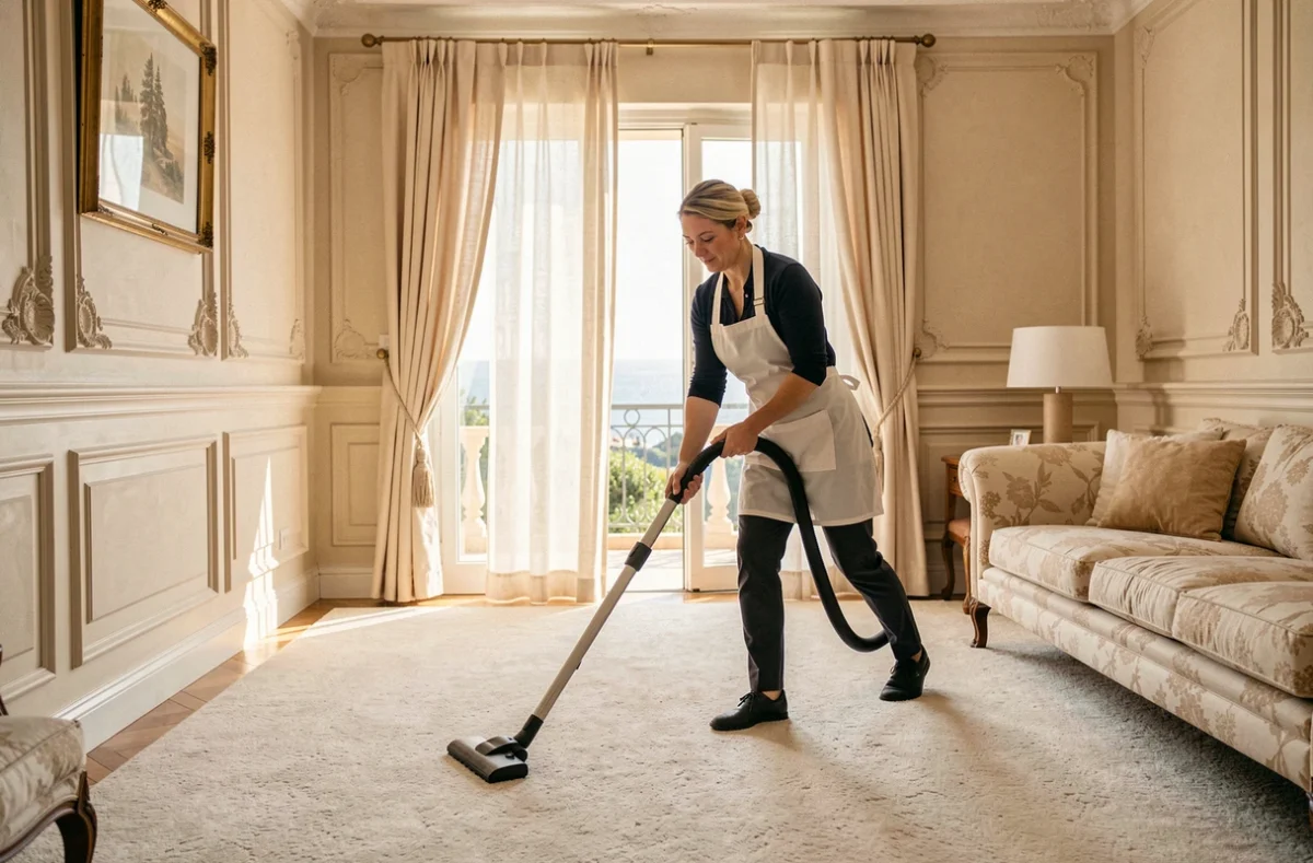 Professionnelle de ménage passant l'aspirateur dans le salon d'une villa de luxe à Cannes
