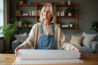 Femme déballant du bulle wrap dans une maison chaleureuse