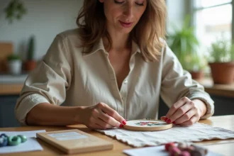 Femme débutante en broderie tenant un tambour avec un kit complet posé sur une table en bois