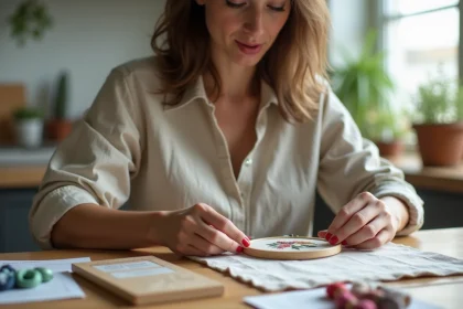 Femme débutante en broderie tenant un tambour avec un kit complet posé sur une table en bois