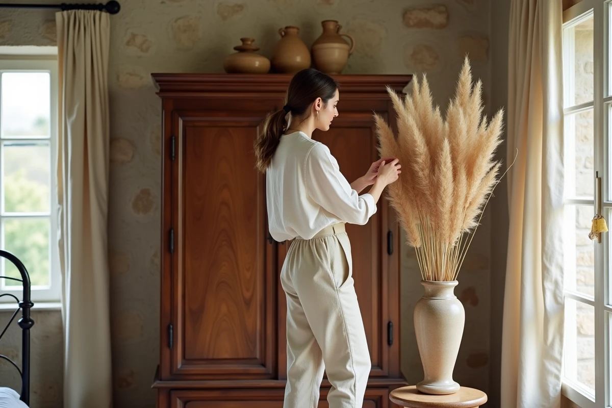 Jeune femme arrangeant des vases en céramique sur une grande armoire en noyer ancien dans une chambre de ferme française avec murs en pierre