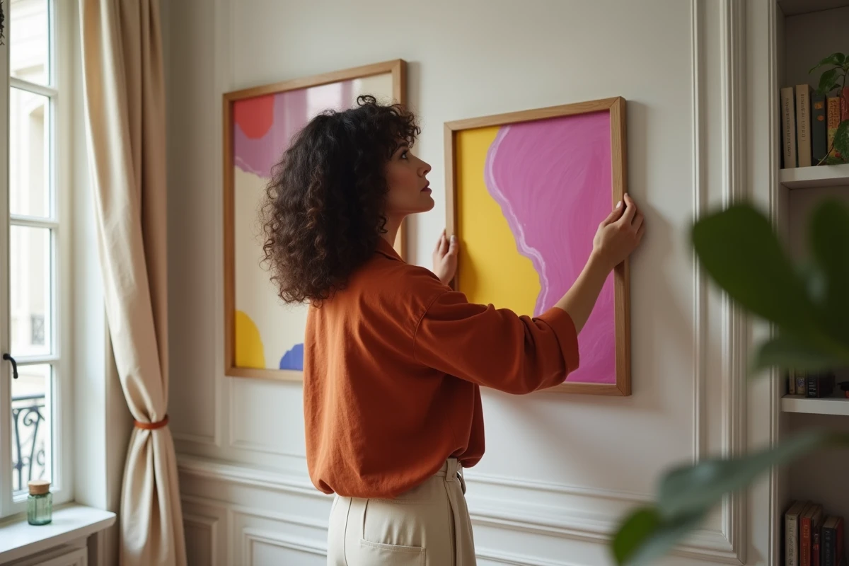 Femme arrangeant des tableaux colorés sur un mur dans un appartement haussmannien au parquet en point de Hongrie