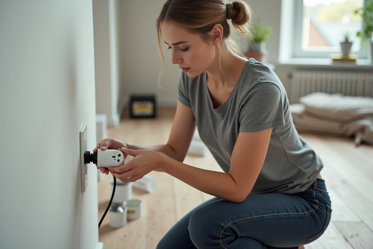 Femme en train de poser une prise électrique dans une goulotte PVC lors d'une rénovation de salon en mode DIY