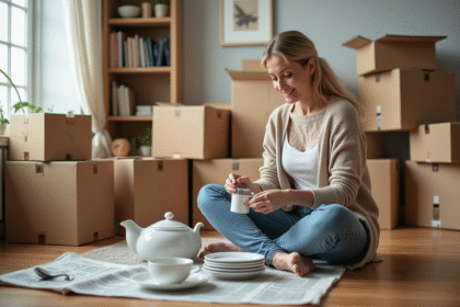 Femme emballant de la vaisselle dans une pièce ensoleillée