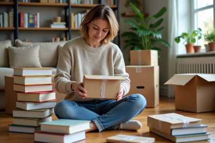 Femme emballant des livres dans un salon chaleureux