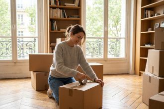 Jeune femme souriante tapant une box dans un appartement parisien