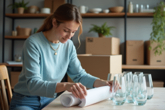 Femme emballant des verres dans une cuisine moderne
