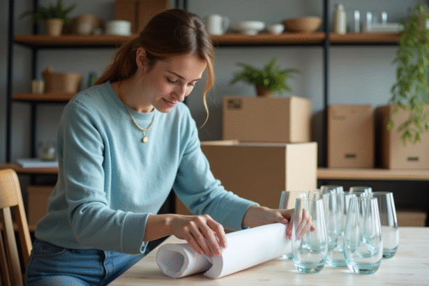 Femme emballant des verres dans une cuisine moderne