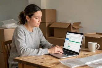 Femme consultant son espace client EDF en ligne pour suivre l'avancement de son déménagement entourée de cartons