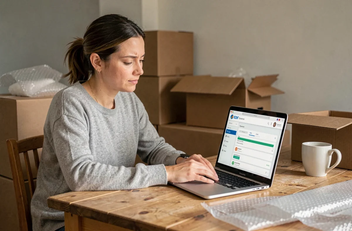 Femme consultant son espace client EDF en ligne pour suivre l'avancement de son déménagement entourée de cartons