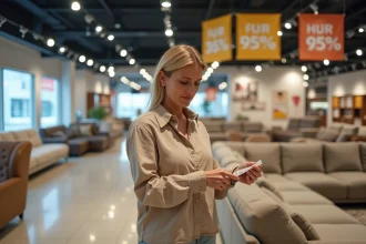 Femme examinant une étiquette de prix sur un canapé en soldes dans un magasin Poltronesofa