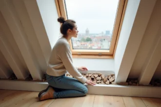Femme inspectant une fenetre de toit dans un grenier lumineux
