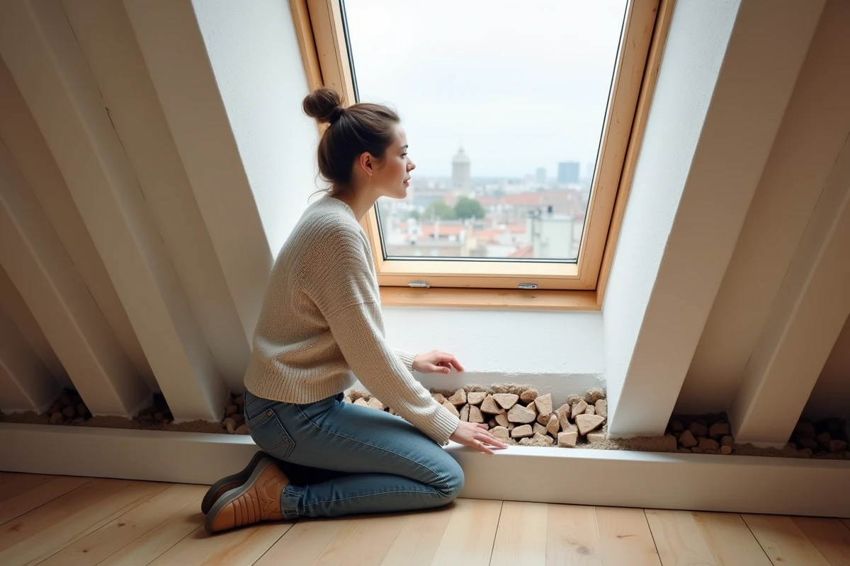 Femme inspectant une fenetre de toit dans un grenier lumineux
